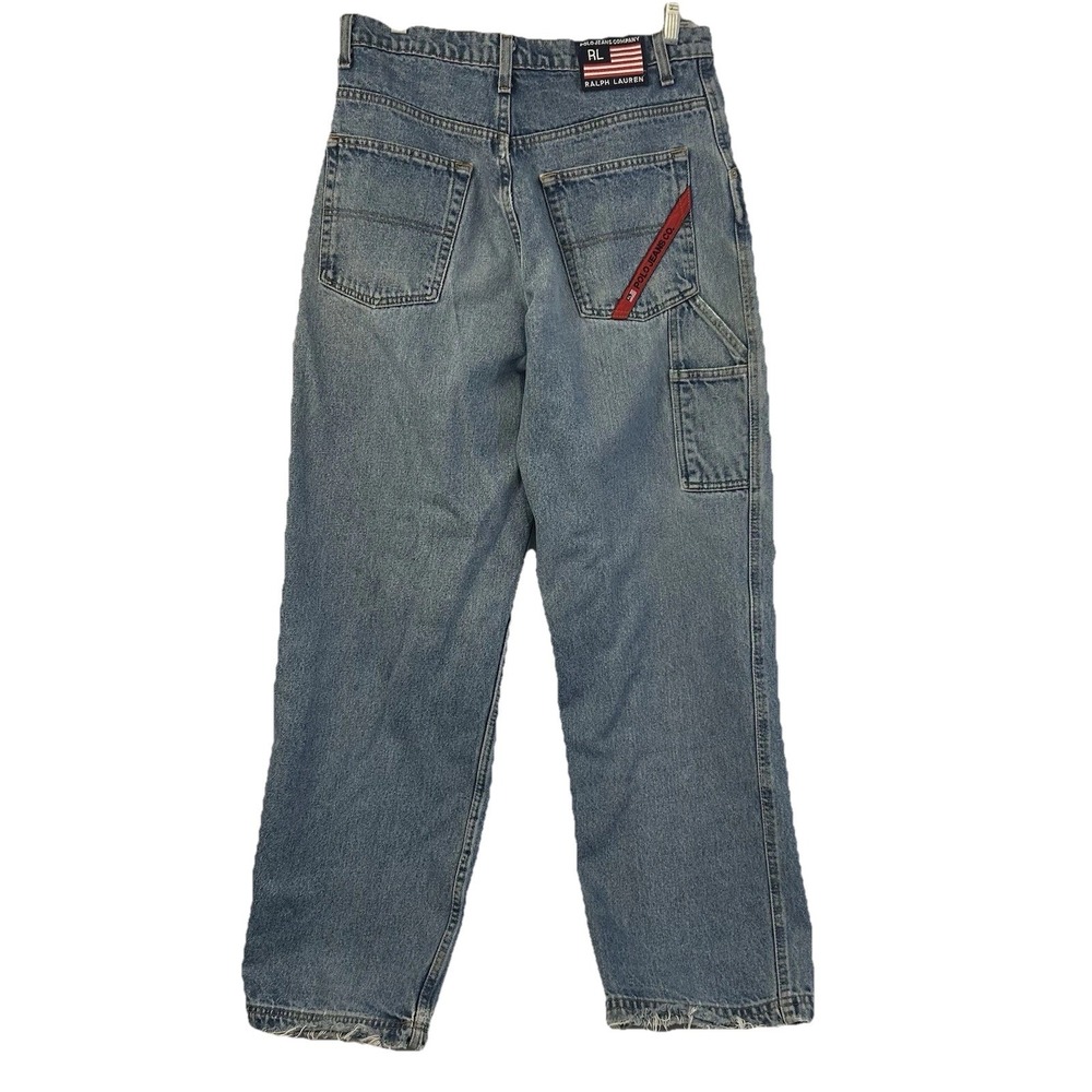 Vintage Ralph Lauren Polo Worker Strip Woman 32x31  Baggy Jeans Flag Logo Frayed
